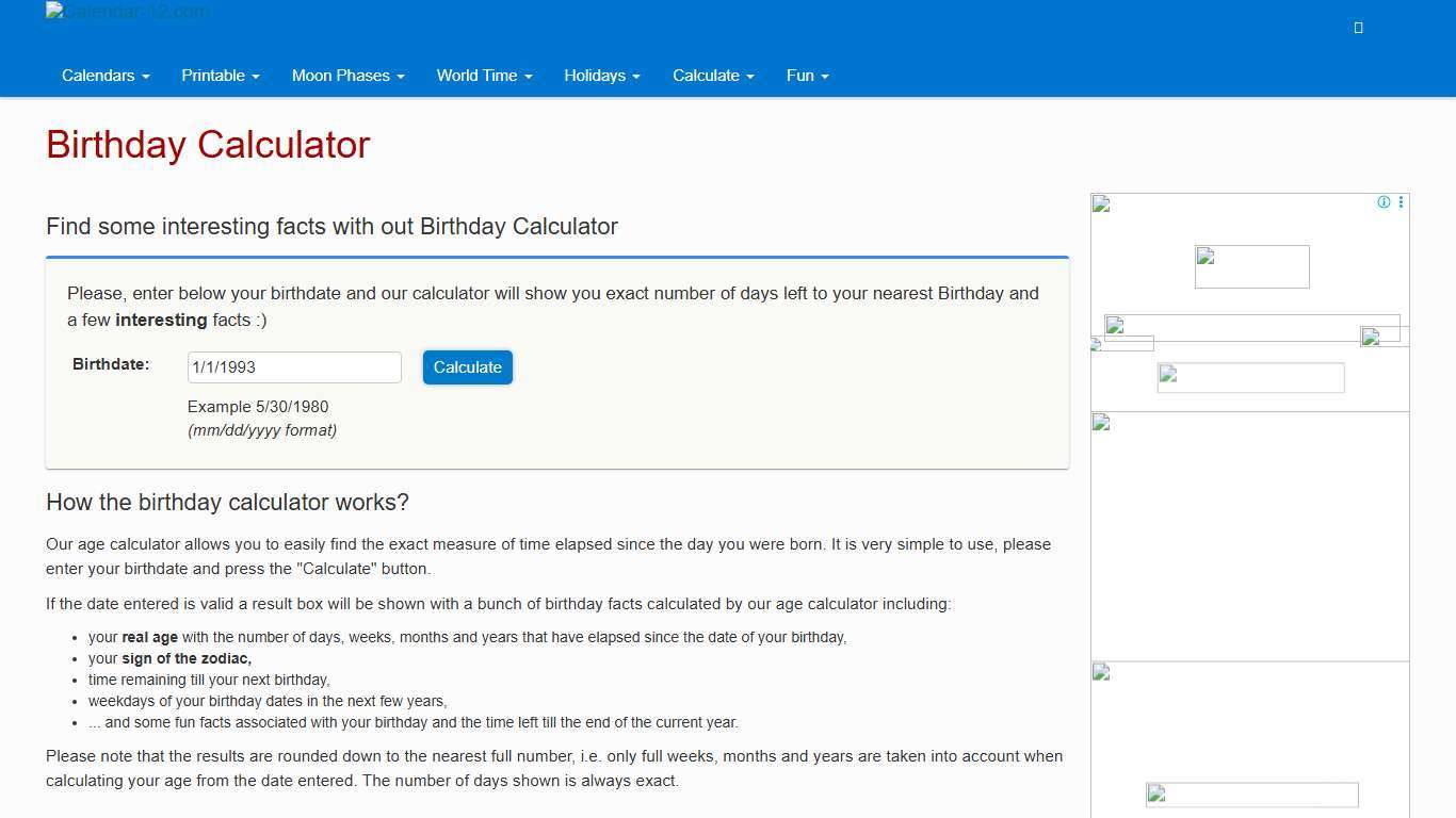 Birthday Calculator - Calendar-12.com
